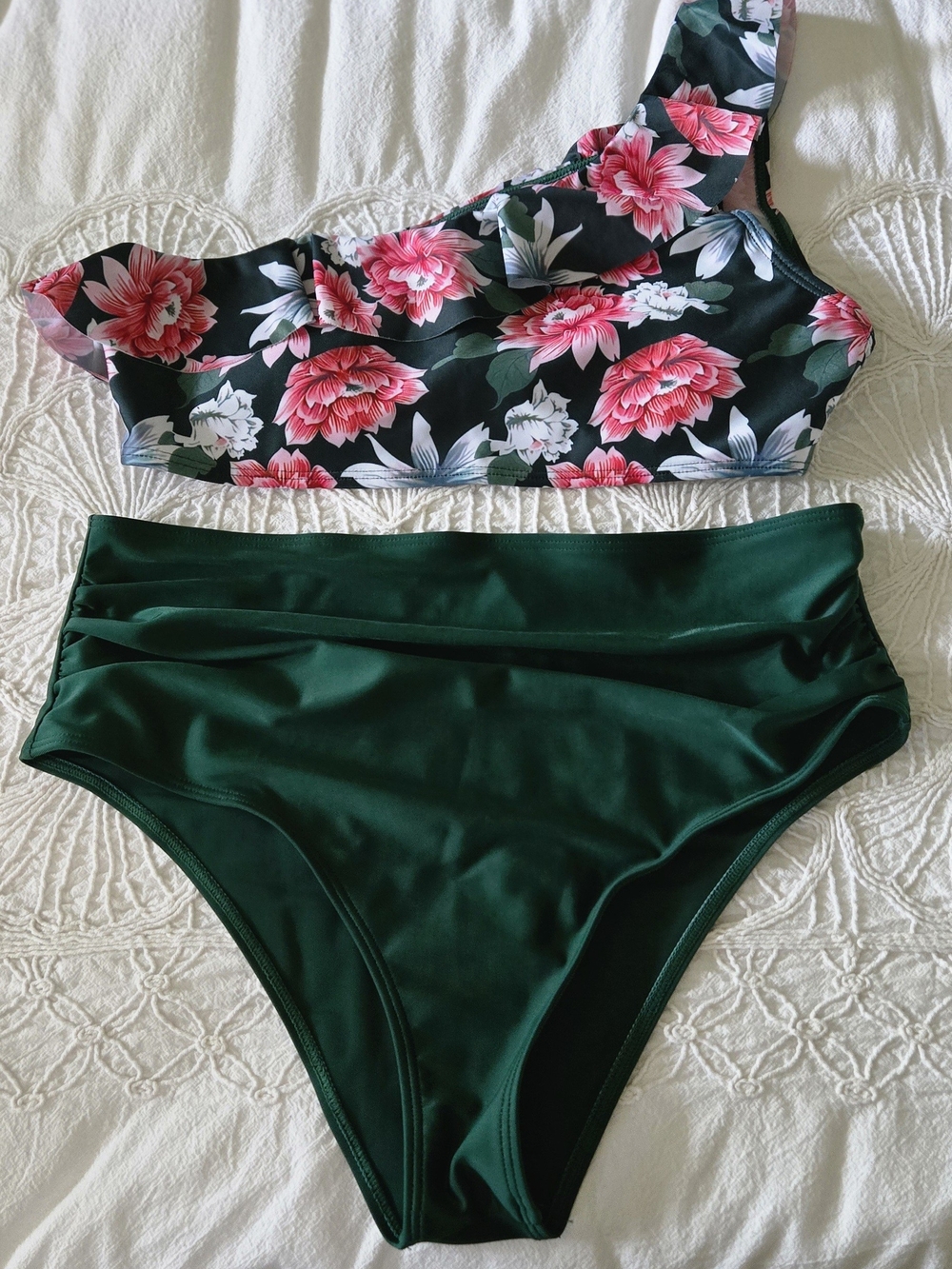 CUPSHE Floral Ruffle One-Shoulder Bikini Top & High-Waist Ruched Bottoms